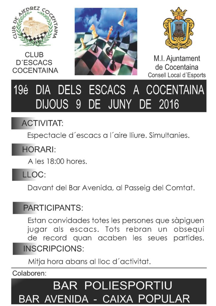 Cartell 19é Dia dels Escacs a Cocentaina 2016